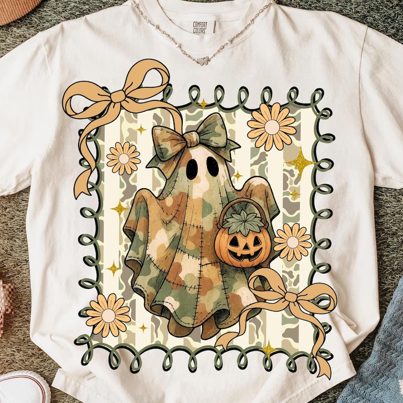 May include: Cream-colored t-shirt featuring a Halloween ghost design. The ghost is draped in a camouflage-patterned sheet and holds a pumpkin basket. The design includes bows, flowers, and a decorative border. The shirt has a Comfort Colors tag.