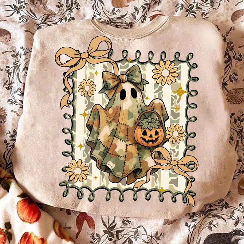 May include: Beige sweatshirt featuring a Halloween ghost design. The ghost is draped in a camouflage pattern and holds a pumpkin basket. The design includes yellow daisies, bows, and a green border, perfect for fall.