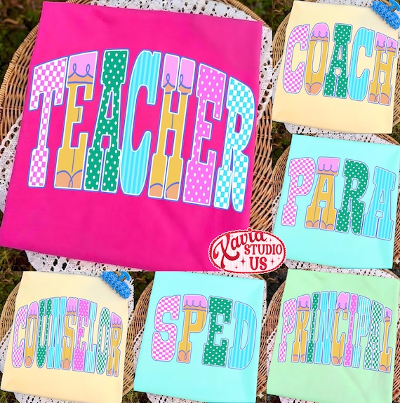 Neon Polka Dots Teacher Png Bundle, Preppy School Occupation Png, First Day Of School Png, Striped Teacher Sped Para Counselor Png