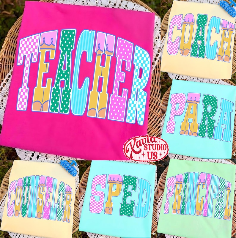 Neon stippen leraar png-bundel, preppy schoolberoep png, eerste dag van school png, gestreepte leraar sped para counselor png afbeelding 1