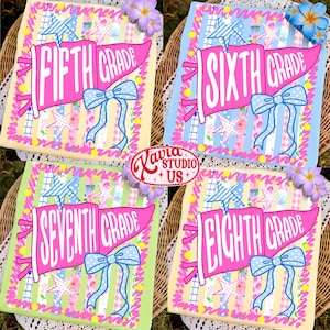 May include: Four rectangular fabric panels featuring a pink pennant with white text reading Fifth Grade, Sixth Grade, Seventh Grade, and Eighth Grade. Each panel includes a blue bow, blue star, and a border of pink squiggles and yellow dots.