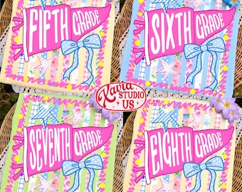 Retro Striped Floral Pennant Flag School Grade Coquette Png Bundle, 5th To 8th Grade, School Girl Png,First Day Of School,Back To School Png