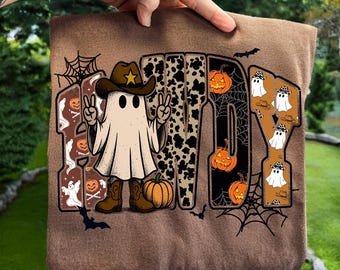 Hola fantasma PNG, sublimación de Halloween occidental, diseño de camiseta de otoño vaquera, temporada espeluznante retro PNG, calabaza rústica de otoño PNG