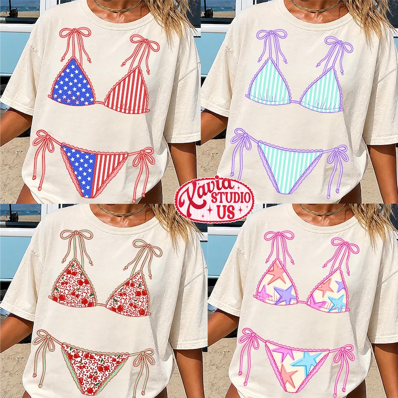 Pode incluir: T-shirts creme com designs de biqu&iacute;ni. Os designs incluem um padr&atilde;o de bandeira americana vermelha, branca e azul, um padr&atilde;o listrado azul e branco, um padr&atilde;o floral e um padr&atilde;o de estrelas rosa e azul. A marca "Lavia Studio US+" tamb&eacute;m &eacute; vis&iacute;vel.