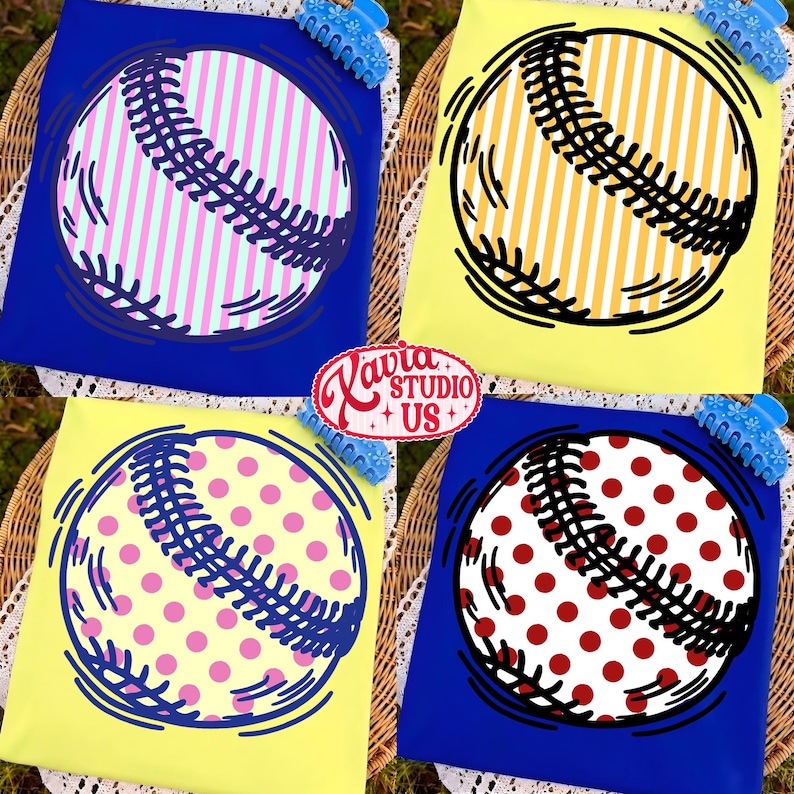 May include: Four baseball-themed t-shirts in blue and yellow. Each shirt features a baseball design with different patterns: pink stripes, yellow stripes, pink polka dots, and red polka dots. The shirts are arranged on a woven surface.