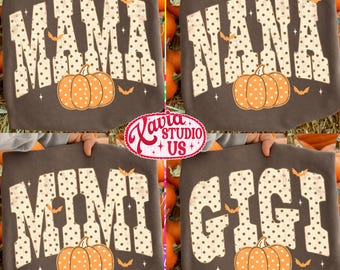 Retro Fall Mama Nana Gigi Mimi Png Bundle, Fall Polka Dots Png, Pumpkin Season Png, Retro Family Shirt Design Digital Download