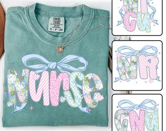 Preppy Nurse Blue Floral Bow PNG Bundle, Boho CNA Nicu RN Sublimation Design, Girly Coquette Bow Trendy Nurse Life Shirt Clipart