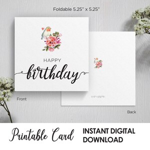 Carte de joyeux anniversaire imprimable, carte de voeux, fleur, oiseau, carré, script, calligraphie, célébrer, aquarelle anniversaire, téléchargement numérique