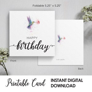 Carte d'anniversaire imprimable, carte de voeux, carré, script, calligraphie, joyeux anniversaire, célébrer, oiseau, anniversaire aquarelle, téléchargement numérique