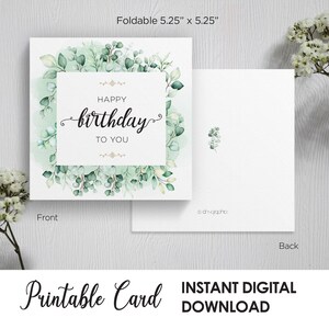 Cartão de feliz aniversário para impressão, cartão de felicitações, folha de aquarela, cartão quadrado, para ele ou para ela, para pai ou avô, para professor, download digital