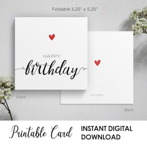 Afdrukbare gelukkige verjaardagskaart, wenskaart, vierkant, rood hart, voor vriend, voor hem of haar, voor moeder of oma, digitale download