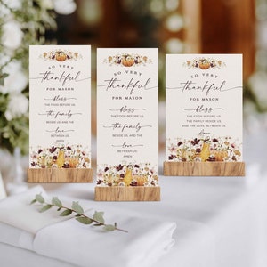 Thanksgiving Place Card Template, Wildflower Pumpkin Thanksgiving Prayer Card, Thanksgiving Dinner Name Cards,  Download, Edit with Corjl