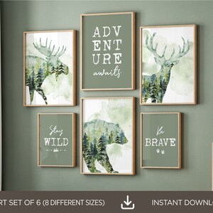 Woodland kinderkamer muur decor set van 6, bosdieren kinderkamer print, herten, beer, eland, bos dieren kinderkamer decor, digitale download