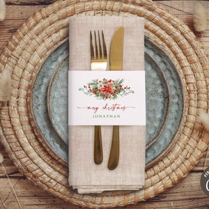 Christmas Name Card Template,Holiday Place Card Printable,Merry Christmas Napkin Wrap,Editable Name Tag,Holiday Napkin Ring, Edit with Corjl