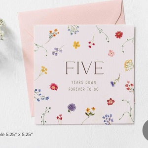 Tarjeta de aniversario de cinco años, tarjetas de felicitación de aniversario, tarjeta imprimible de aniversario, tarjeta de felicitación de aniversario en blanco, tarjeta descargable