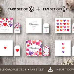 Printable Valentines Cards Set of 6 and Gift Tag Set of 6, Hearts Note Card Set, Hearts Gift Tag Set, Valentines Day Set, Digital Download