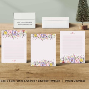 Papel membretado floral imprimible - Juego de papel para escribir con flores rosas, con y sin rayas, 8,5 x 11, A4, 5 x 7, descarga digital para notas y cartas