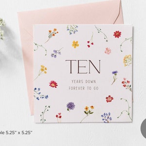 Tarjeta imprimible de décimo aniversario, tarjeta imprimible de aniversario de pareja, tarjeta de felicitación en blanco del décimo aniversario, tarjeta descargable de aniversario