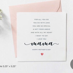 Carte de poème imprimable Love You Mama, carte de fête des mères heureuse maman carrée simple, carte de fête des mères pour maman, téléchargement numérique