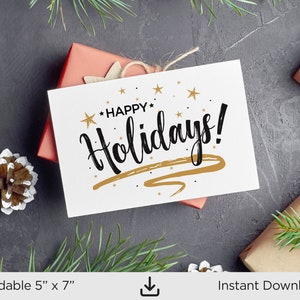 Cartão de Boas Festas para Imprimir, Cartão de Natal para Imprimir, Cartão de Natal Dourado e Preto, Cartão de Natal em Branco para Download Digital