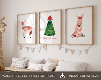 Decorações de Natal da Floresta, Conjunto de 3 Arte de Parede de Natal para Crianças, Decoração de Natal Fofa, Impressões de Natal de Animais da Floresta, Download Digital
