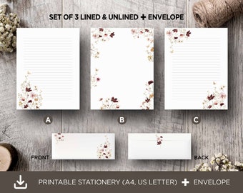 May include: Set of three printable stationery sheets with a floral design. One sheet is lined, one is unlined, and one is a matching envelope. The floral design features burgundy and gold flowers on a white background. The text on the image reads "Set of 3 Lined & Unlined + Envelope" and "Printable Stationery (A4, US Letter) + Envelope".