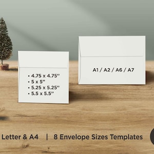 Plantillas de sobres imprimibles para papel tamaño A4 y carta de EE. UU., tamaños A1, A2, A6 (4 x 6), A7 (5 x 7), cuadrados, sobres para tarjetas digitales DIY, descarga instantánea