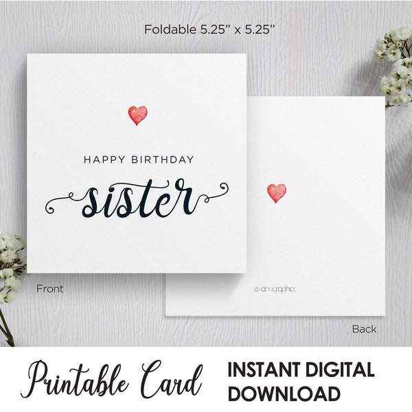 Sister Happy Birthday Card, Cute Birthday Card For Sister, Simple Birthday Card For Her, Printable Square Greeting Card, Digital Download