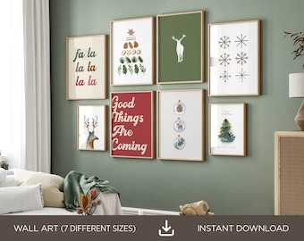 May include: A set of seven printable Christmas wall art prints featuring a variety of designs, including a reindeer, a Christmas tree, snowflakes, and a quote that says "Good Things Are Coming".