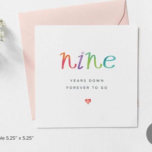 Tarjeta descargable de aniversario de nueve años, tarjetas para ocasiones especiales de aniversario, tarjeta de felicitación de aniversario de nueve años, tarjeta imprimible de aniversario en blanco