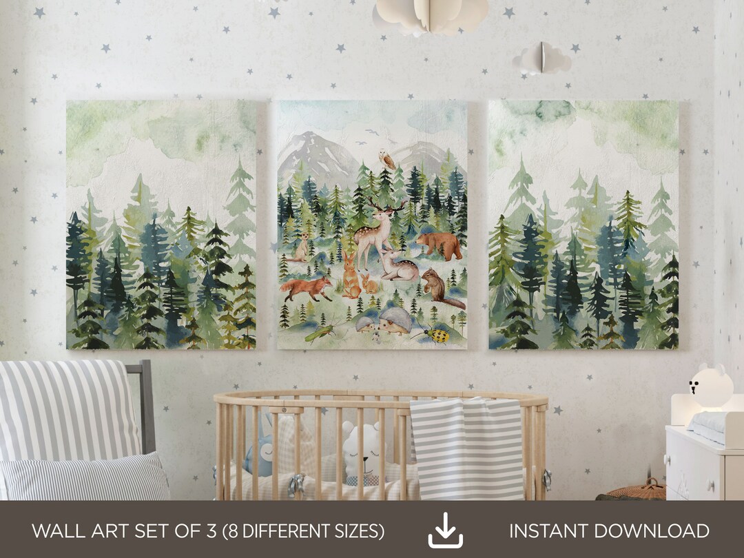 Woodland Animals Nursery Art: Forest Wall Decor Set of 3 (digital ...