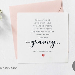 Cartão com poema de feliz dia das mães para impressão, te amo, avó, cartão quadrado simples para o dia das mães, cartão de dia das mães para avó, download digital