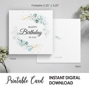 Cartão de feliz aniversário para impressão, cartão de felicitações, folha, quadrado, script, caligrafia, para mãe, para amigo, para ela, aquarela, download digital