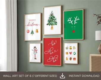 May include: Set of six Christmas-themed printable wall art prints in various sizes. The prints feature a snowman, a Christmas tree, a reindeer, a gingerbread house, a Christmas ornament, and a red background with the text "ho ho ho".