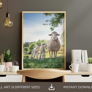 Peut inclure: Une impression numérique d'un mouton blanc avec deux agneaux dans un champ. Les moutons sont debout dans un champ herbeux avec un ciel bleu et des arbres verts en arrière-plan.