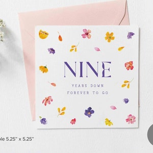 Tarjeta imprimible de aniversario de nueve años, tarjeta descargable de aniversario, tarjeta de ocasión de aniversario, tarjetas de felicitación en blanco para el noveno aniversario