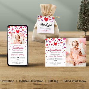 Editable Little Sweetheart Valentine Birthday Photo Invitation Template, Printable Editable February 1st Birthday Party Invite,EditwithCorjl