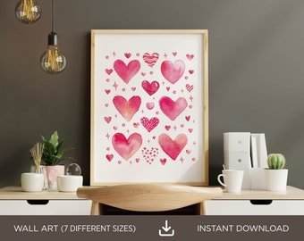 Watercolor Hearts Valentine's Day Art Print: Customizable Wall Decor (Digital Download)