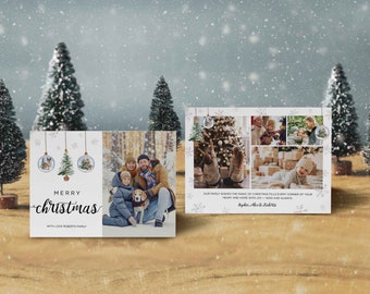 Puede incluir: Tarjetas de felicitación navideñas con fotos familiares y diseños festivos. Una tarjeta presenta un retrato familiar y las palabras "Merry Christmas". La otra tarjeta tiene varias fotos familiares y el texto "Our family wishes the magic of Christmas."