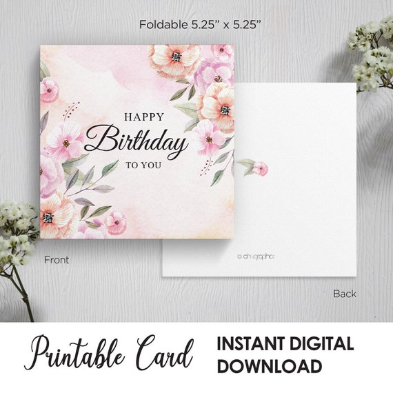 Printable Happy Birthday Card Greeting Card Pretty Flower | Etsy
