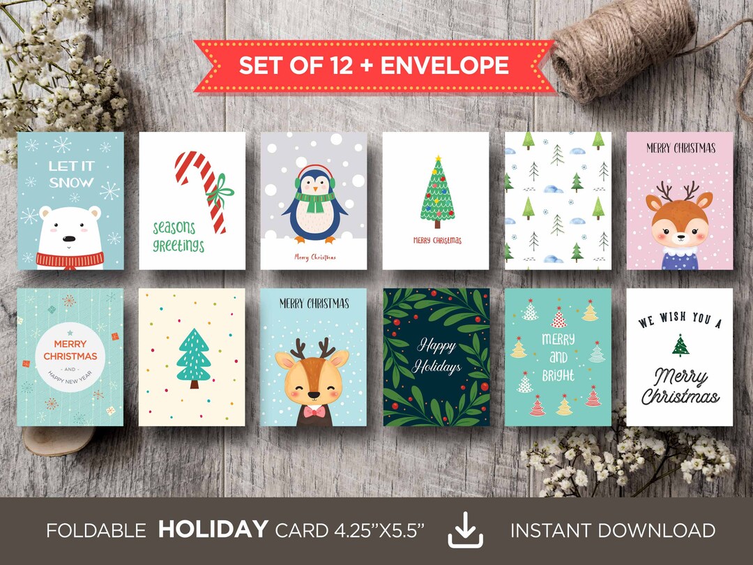 Printable holidays cards set of 12 envelope template holiday cards cute