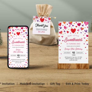 Editable Little Sweetheart Valentine Birthday Invitation Template, Printable Editable February 1st Birthday Party Invite, Edit with Corjl