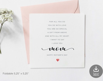 Printable Happy Mothers Day Card For Mom, Mothers Day Poem, Special Mom Card, Mothers Day Card From Daughter, From Son, Digital Download