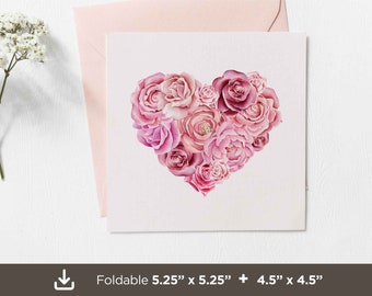 Printable Floral Heart Valentines Day Card, Floral Mothers Day Valentines Day Greeting Card, Botanical Valentines Card, Digital Download