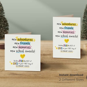Tarjeta de buena suerte para el primer día de escuela secundaria, tarjeta de buena suerte imprimible, nuevas aventuras, nuevos amigos, recuerdos, tarjeta de nueva escuela, descarga digital