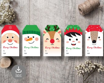 May include: Five printable Christmas gift tags featuring cartoon characters. The tags are white with red and green accents. The characters include Santa Claus, a snowman, a reindeer, an elf, and a squirrel. Each tag has the text "Merry Christmas" and spaces for "To" and "From".