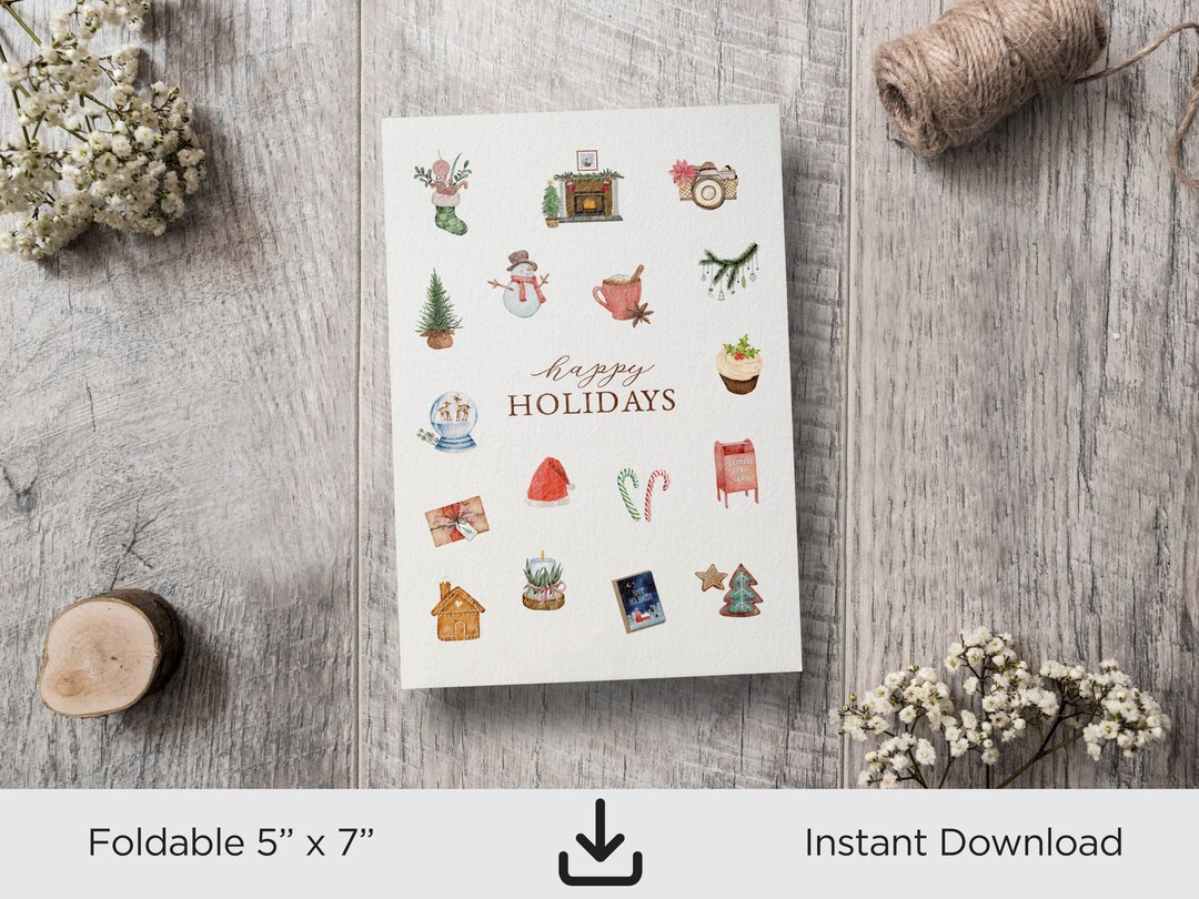 Happy Holidays Printable Card, Printable Holiday Card, Watercolor ...