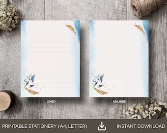 Blue Gold Floral Stationery Cards: Printable Notecards (Digital Download)