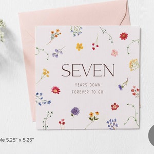Tarjeta imprimible de séptimo aniversario, tarjeta de felicitación de séptimo aniversario, tarjeta de felicitación en blanco de séptimo aniversario, tarjeta descargable de aniversario