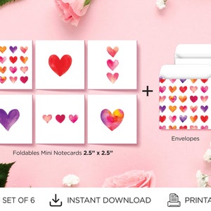Afdrukbare minikaartkaarten set van 6, mini hartkaart set, liefdeskaart, notitiekaart bijlage, blanco notitiekaart, digitale download